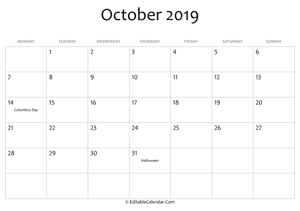 october 2019 printable calendar holidays