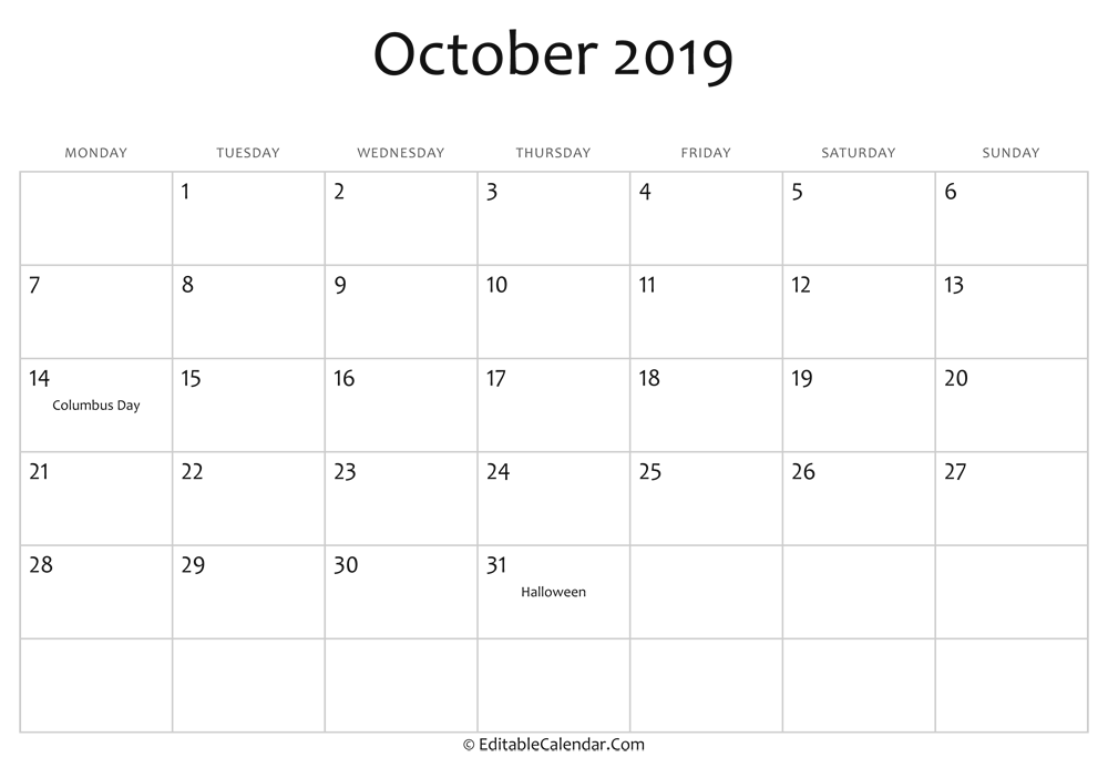 Printable October Calendar Template