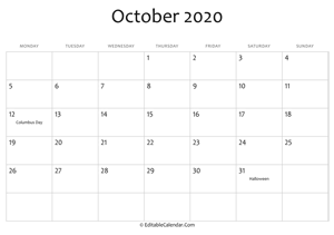 october 2020 printable calendar holidays