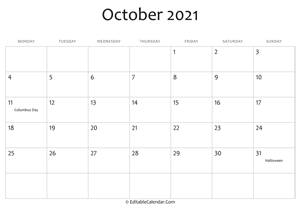 october 2021 printable calendar holidays