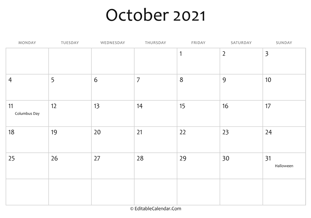 October 2021 Printable Calendar with Holidays