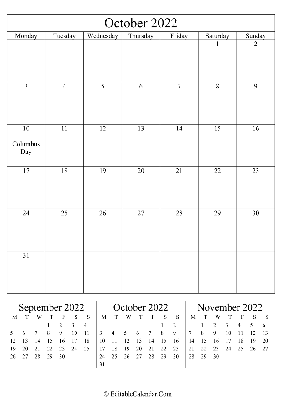 october 2022 editable calendar portrait