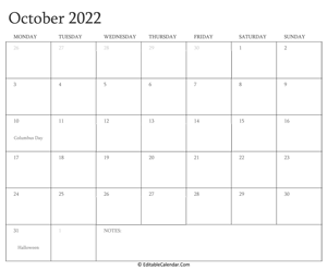 october 2022 editable calendar with holidays