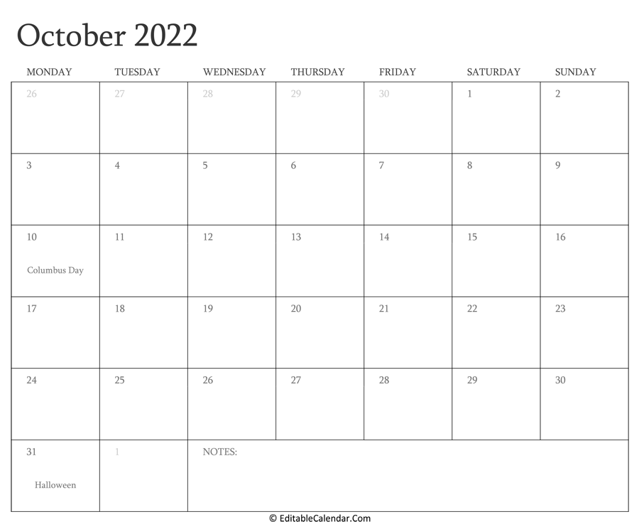 Editable Calendar October 2022 Editable Calendar October 2022
