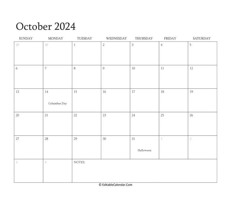 Download October 2024 Editable Calendar With Holidays (Word Version)