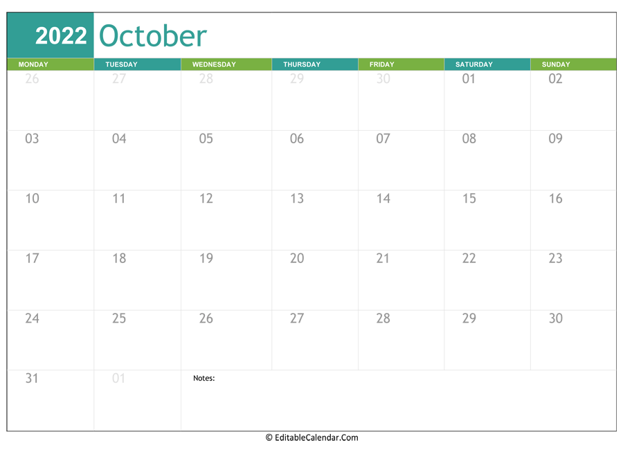 october calendar 2022 printable
