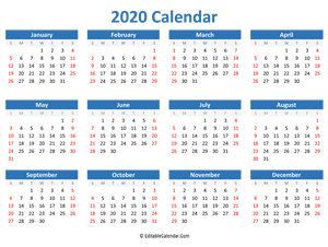 printable 2020 calendar landscape blue style