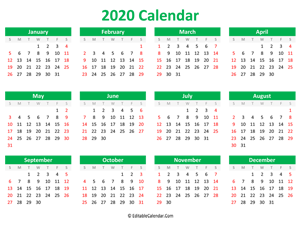 printable 2020 calendar landscape green style