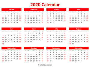 printable 2020 calendar landscape red style