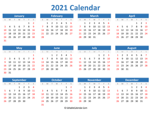 printable 2021 calendar landscape blue style