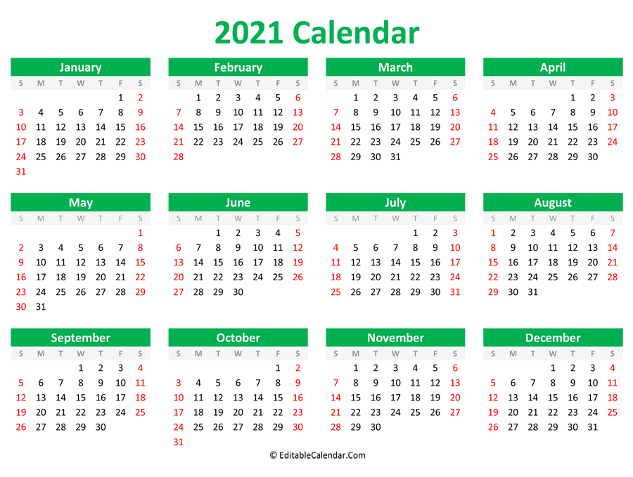 Printable 2021 Calendar (Landscape Orientation)