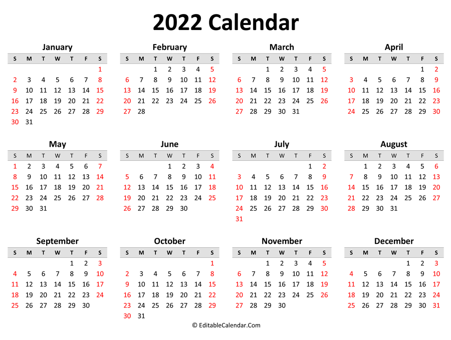 Printable 2022 Calendar Printable 2022 Calendar (Landscape Orientation)