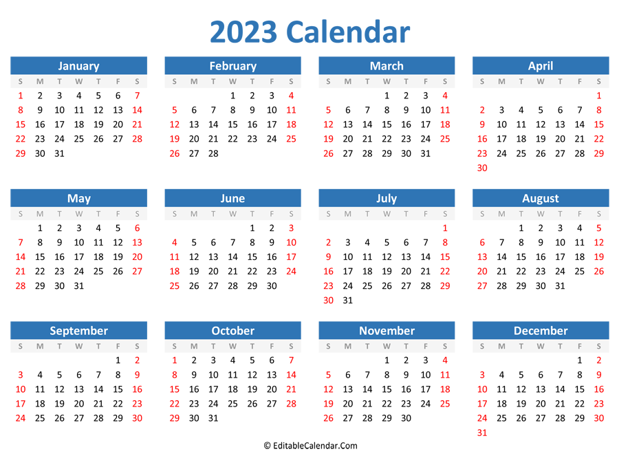 Printable 2023 Calendar (Landscape Orientation)