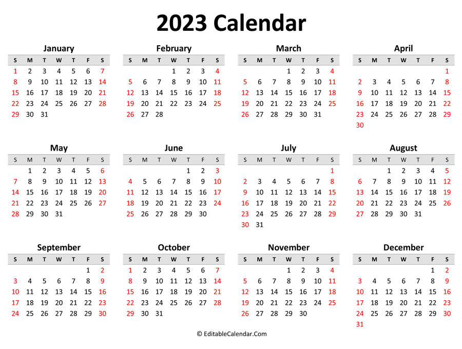 Printable 2023 Calendar (Landscape Orientation)