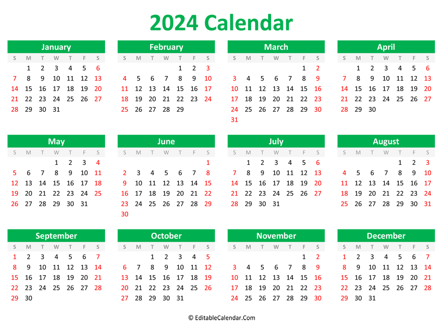 Printable 2024 Calendar (Landscape Orientation)