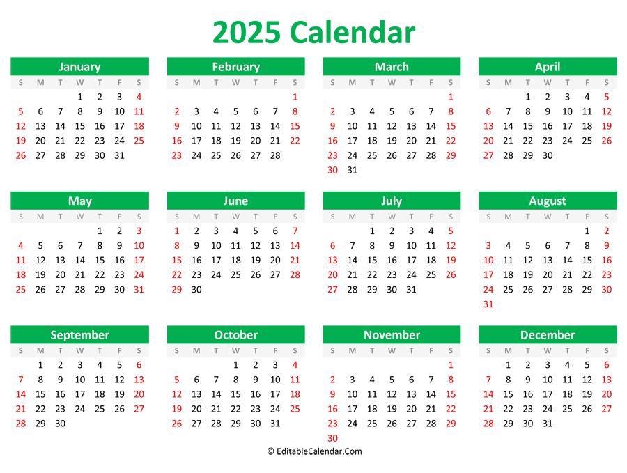 Printable 2025 Calendar (Landscape Orientation)