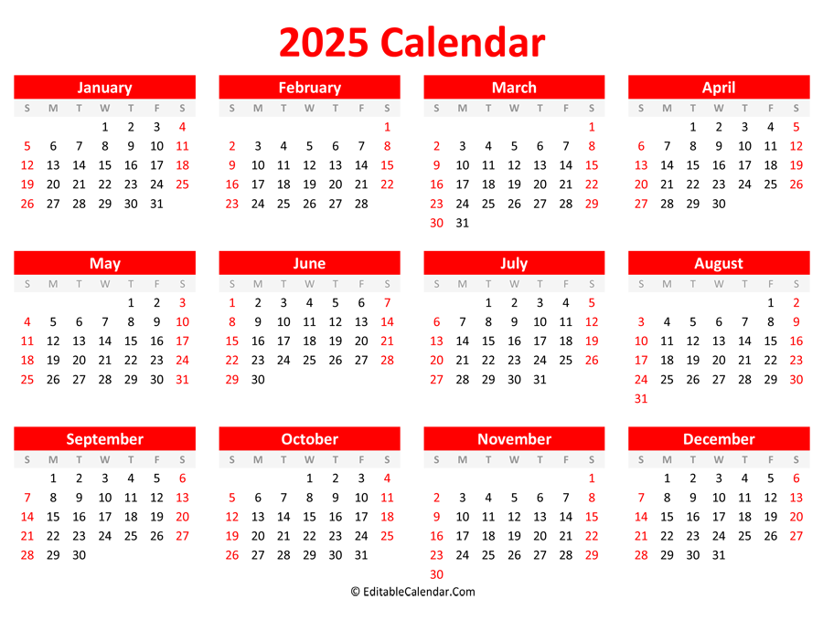 Printable 2025 Calendar (Landscape Orientation)