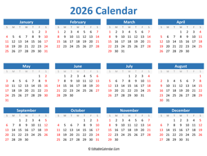 printable 2026 calendar landscape blue style