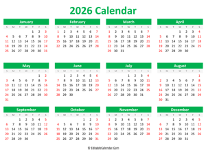 printable 2026 calendar landscape green style