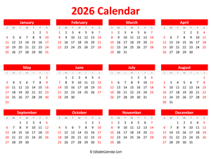 printable 2026 calendar landscape red style