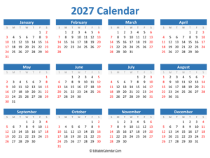 printable 2027 calendar landscape blue style