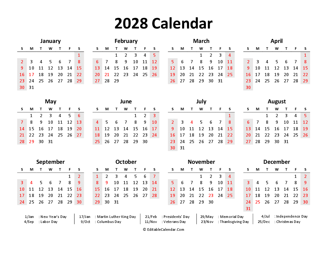 Free Printable Calendar 2028 Word PDF Excel 