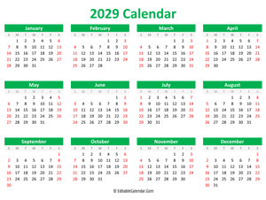 printable 2029 calendar landscape green style