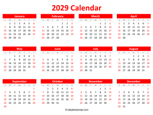 printable 2029 calendar landscape red style