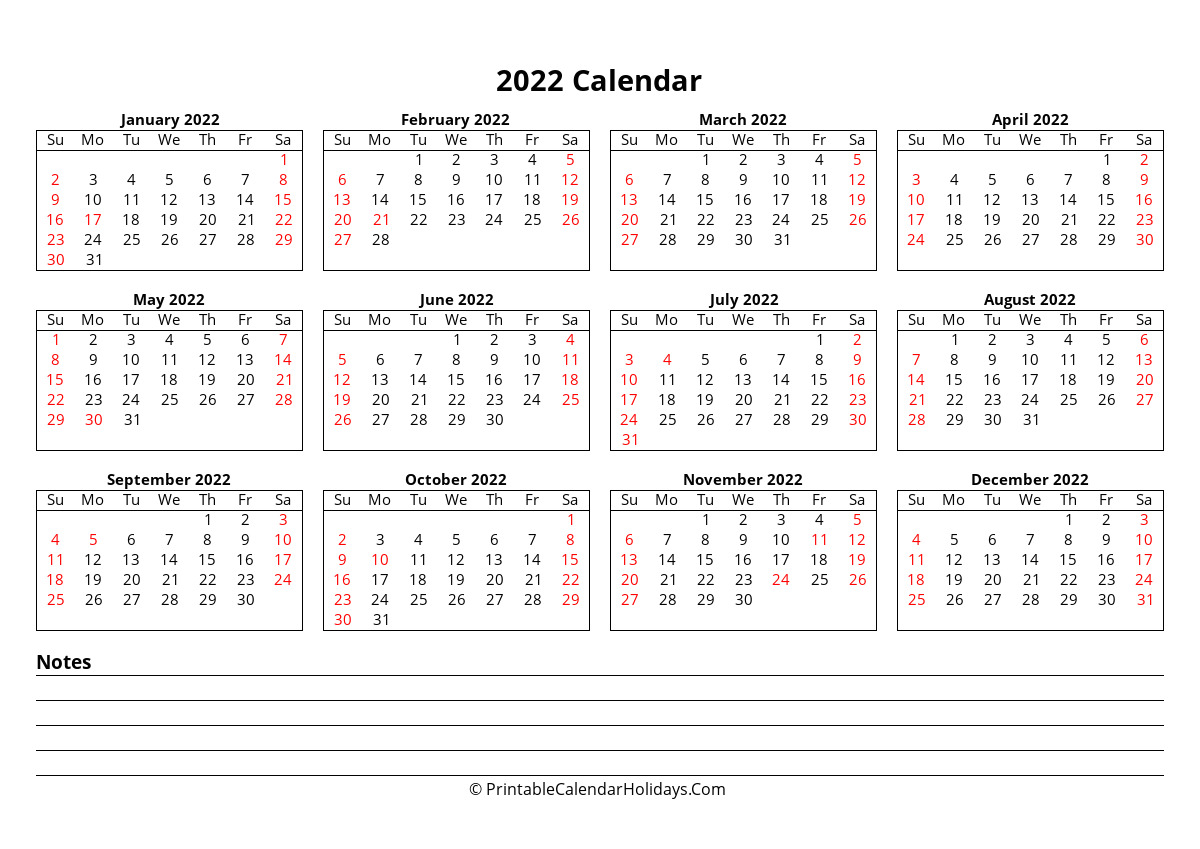 printable calendar 2022 week starts sunday