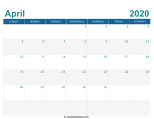 printable monthly calendar april 2020