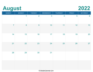 printable monthly calendar august 2022