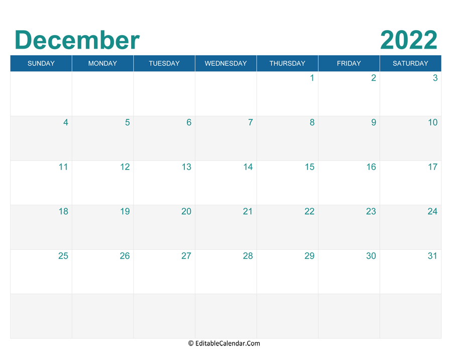 December 2022 Editable Calendar With Holidays
