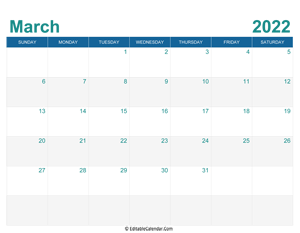 printable monthly calendar march 2022