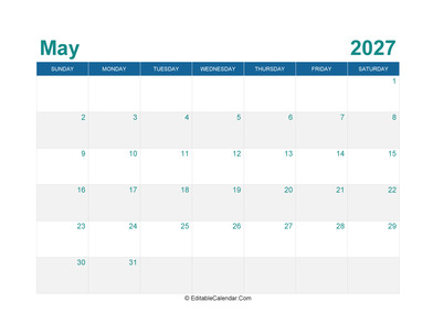 printable monthly calendar may 2027
