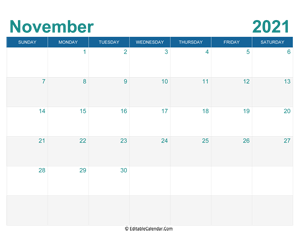 printable monthly calendar november 2021