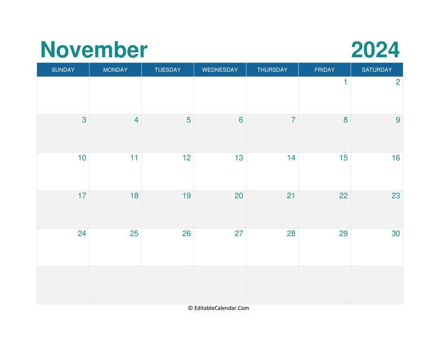 Download Printable Monthly Calendar November 2024 (PDF Version)