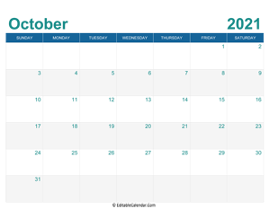 printable monthly calendar october 2021