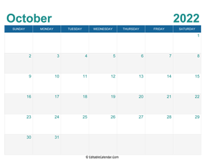 printable monthly calendar october 2022