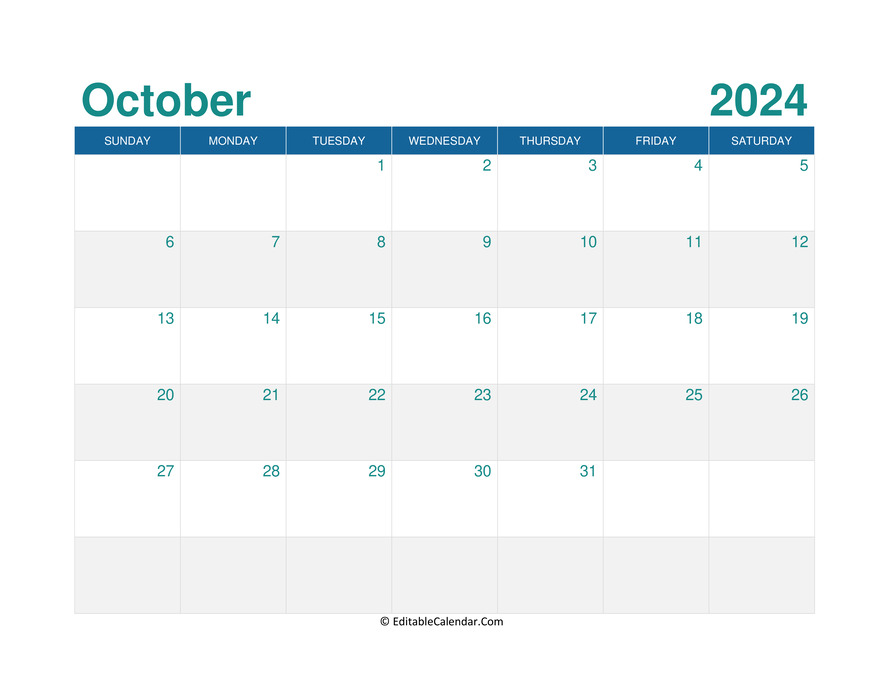 Download Printable Monthly Calendar October 2024 (PDF Version)