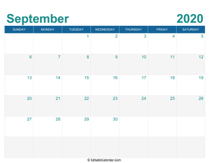 printable monthly calendar september 2020