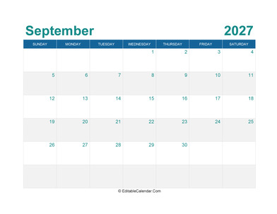 printable monthly calendar september 2027