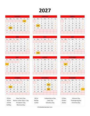 editable 2027 calendar with holidays red style