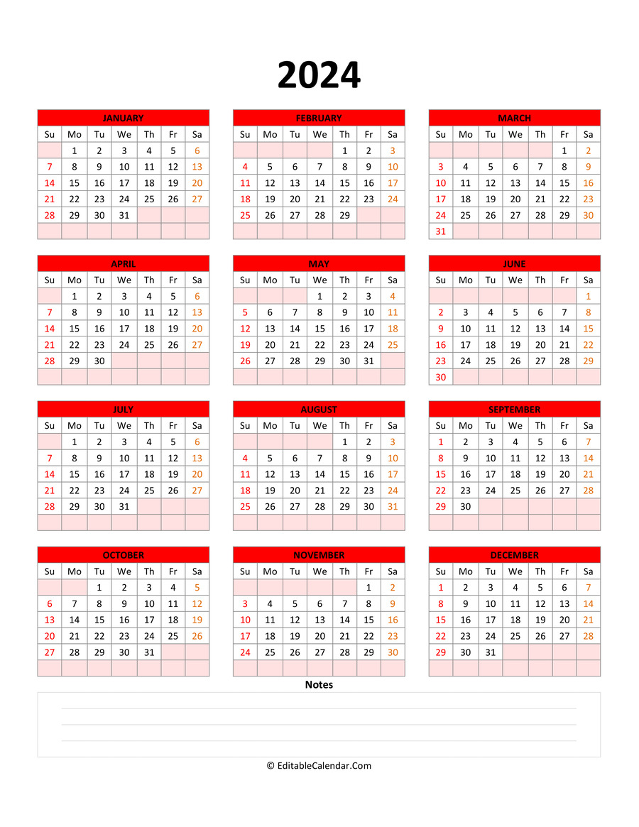 Fillable Calendar 2024 With With Notes
