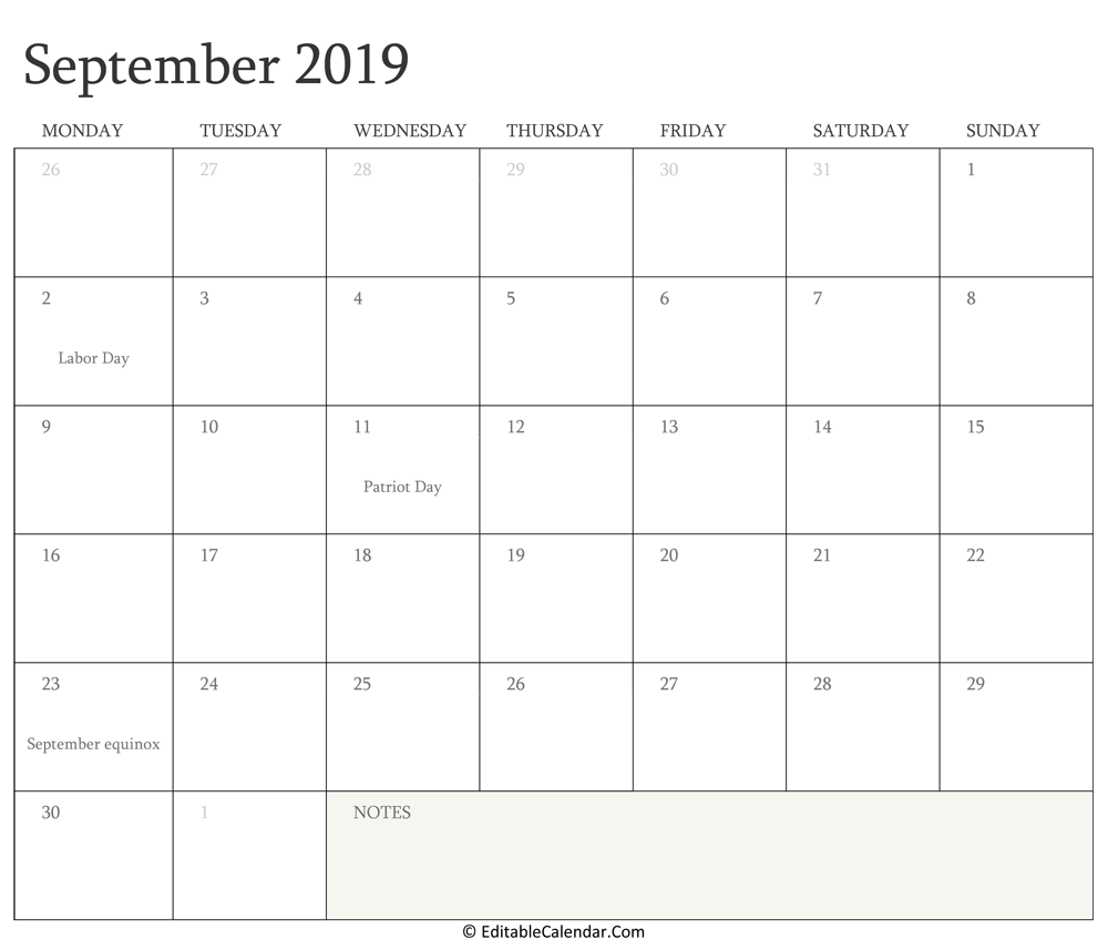 Editable Calendar September 2019