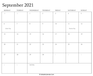september 2021 editable calendar with holidays