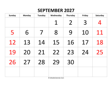 september 2027 calendar editable